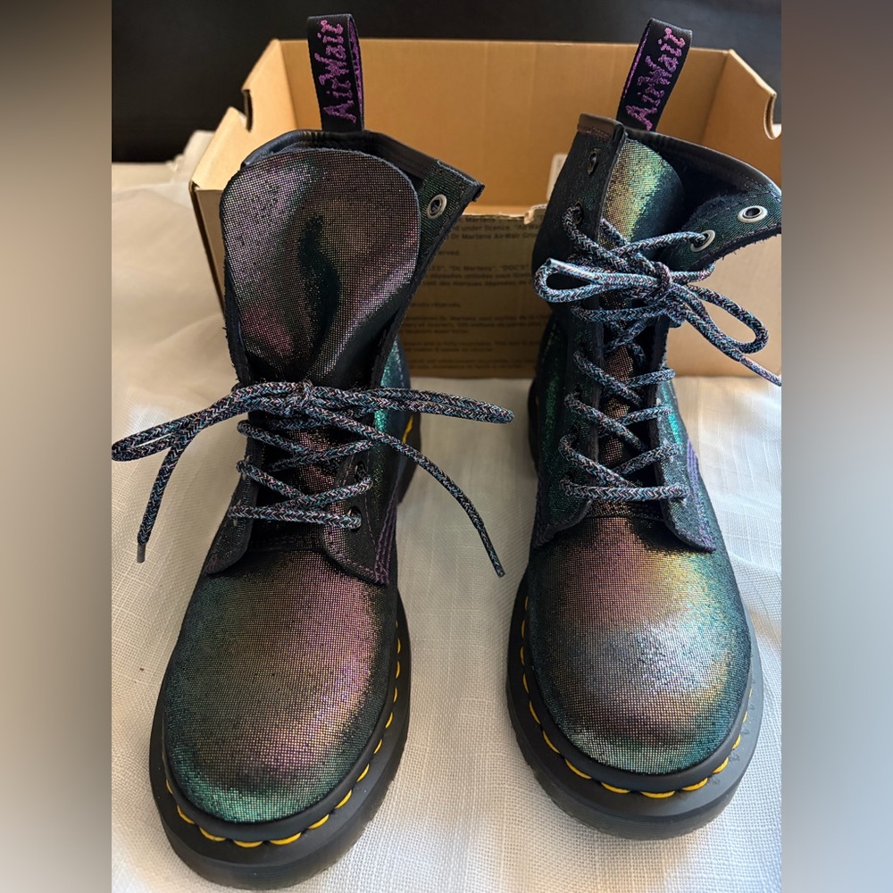 DOC MARTEN’S | Disco Iridescent Midnights Suede Leather Combat Lace Booties